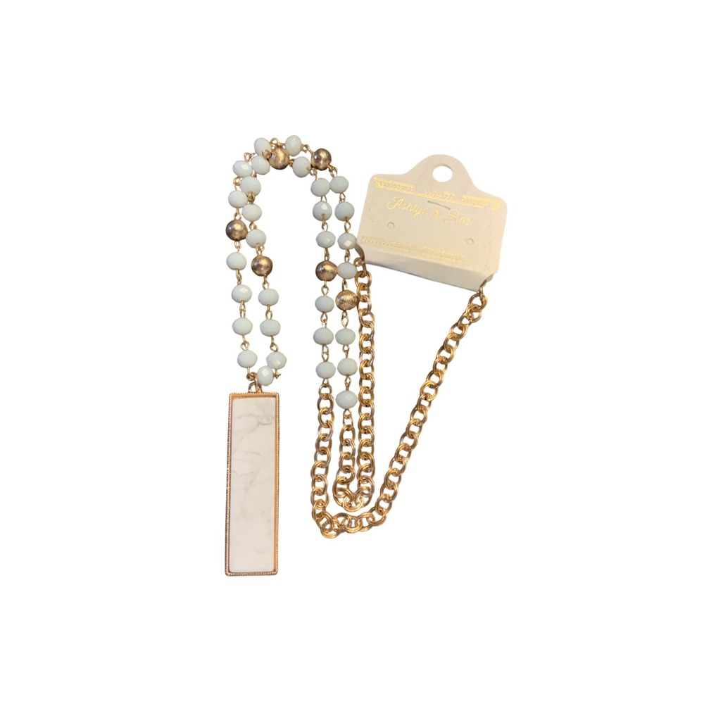 Ashlyn & Rae Long Gold Tone Necklace White Marble Bar Pendant Beaded Chain